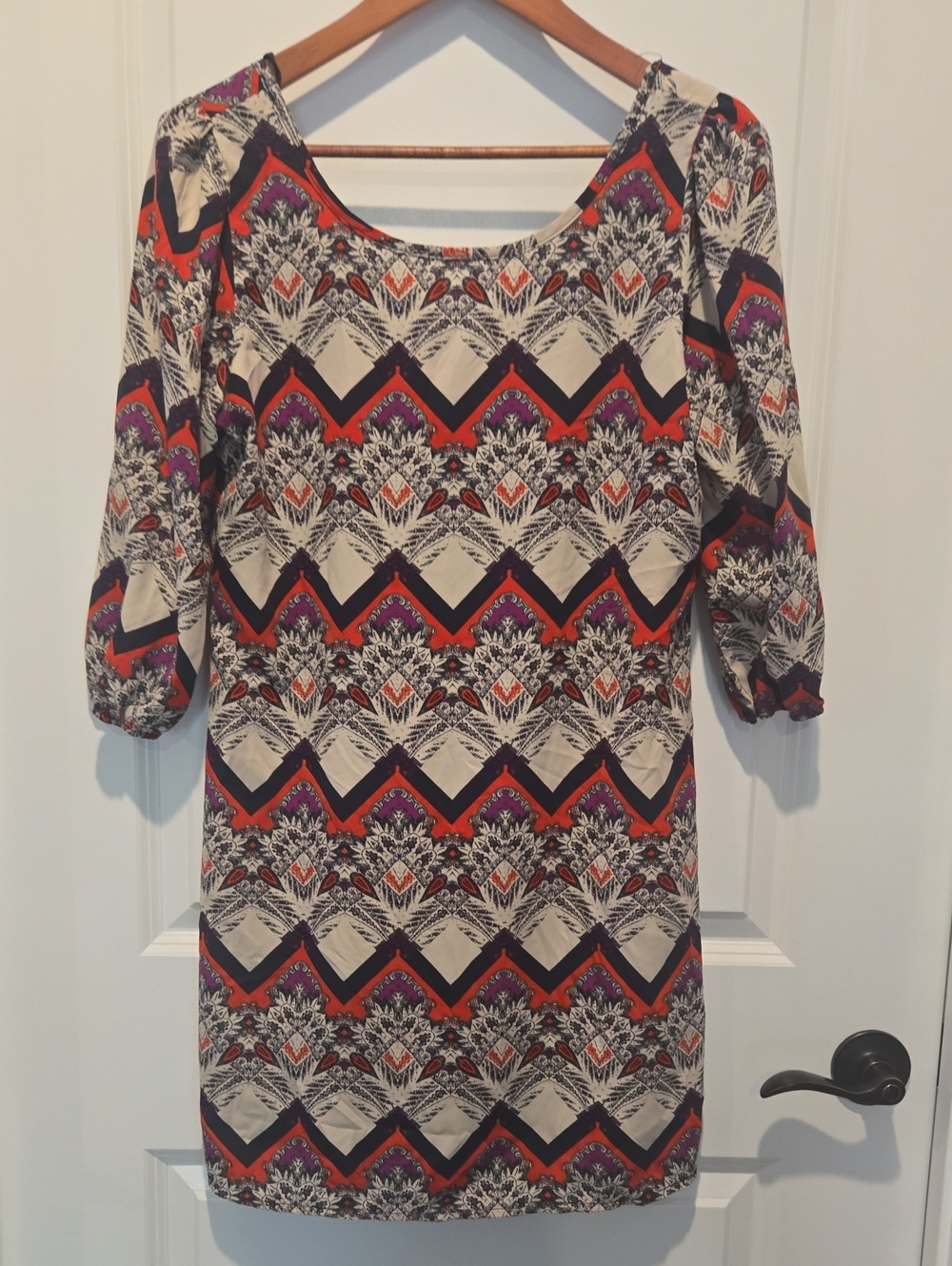 Chevron & Floral Long Sleeve Shift Dress in Cream, Red & Purple